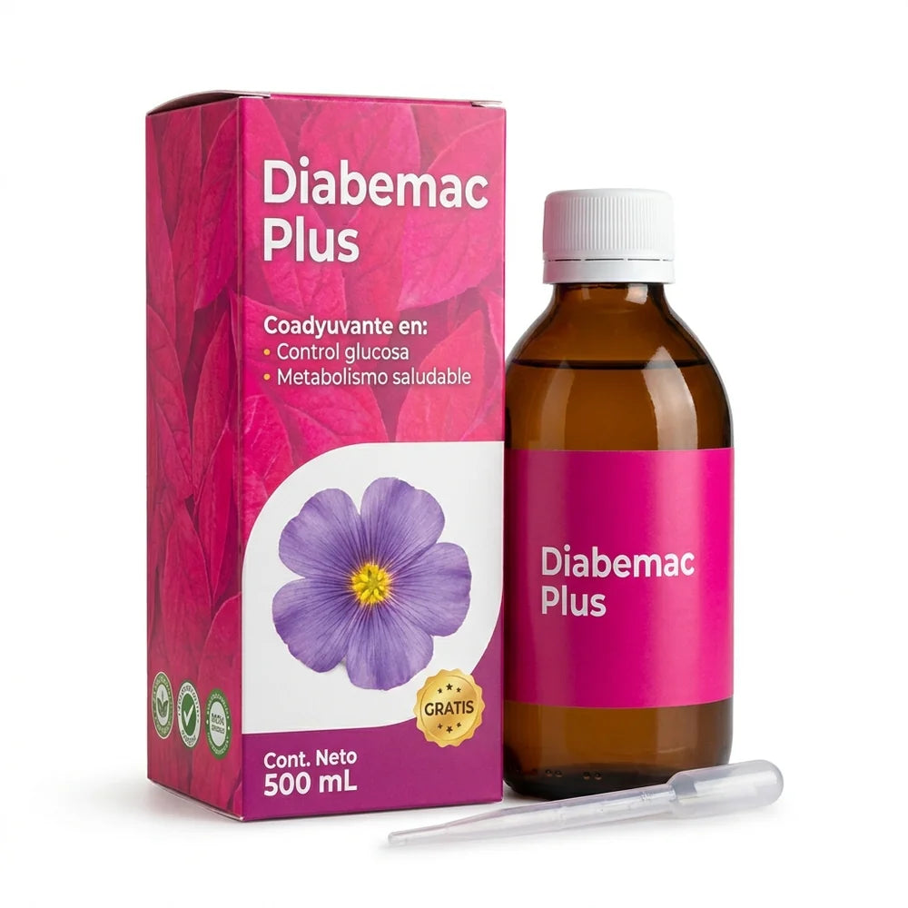 Caja y frasco de Diabemac Plus 500 ml con dosificador